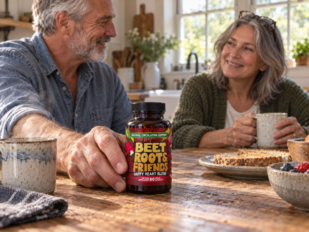 A hand setting a bottle of Beet Root and Friends on the breakfast table next to coffee