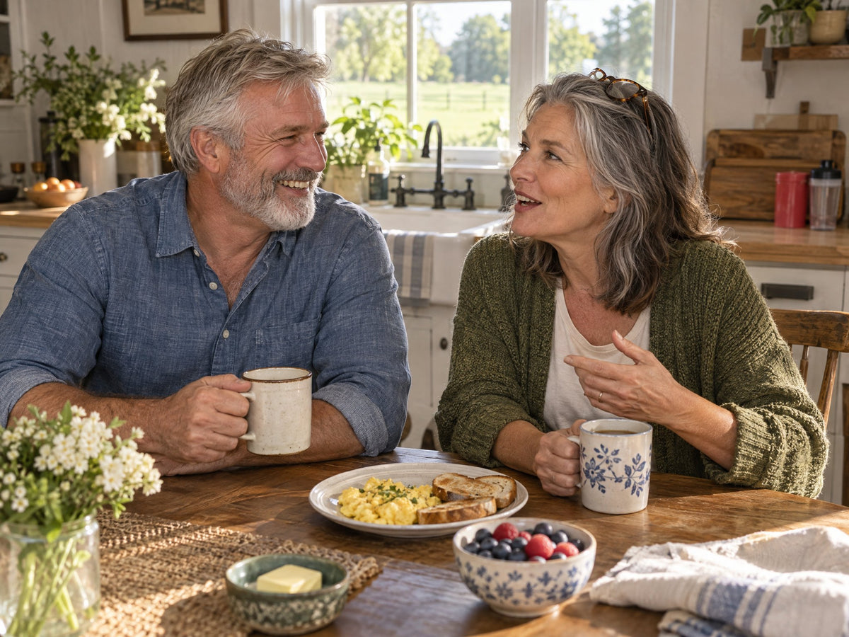 A couple in their sixties laughing over breakfast coffee in a farmhouse kitchen