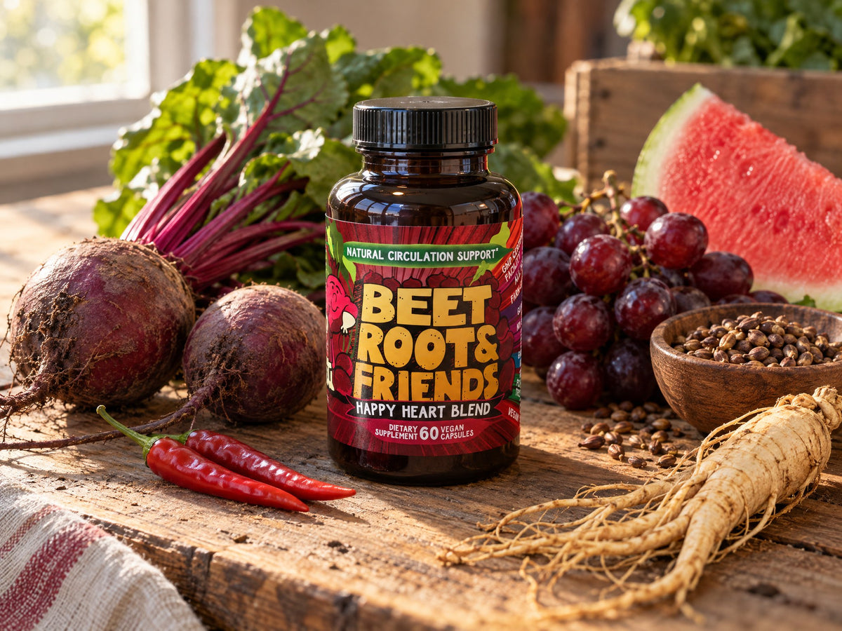 A bottle of Beet Root and Friends on a farm table with beets, grapes, grape seeds, watermelon, ginseng root and cayenne peppers