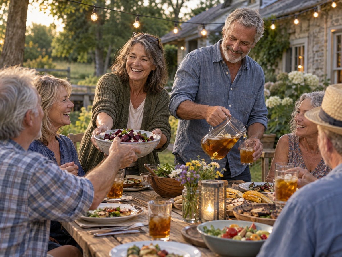 Neighbors laughing around a backyard potluck table under string lights
