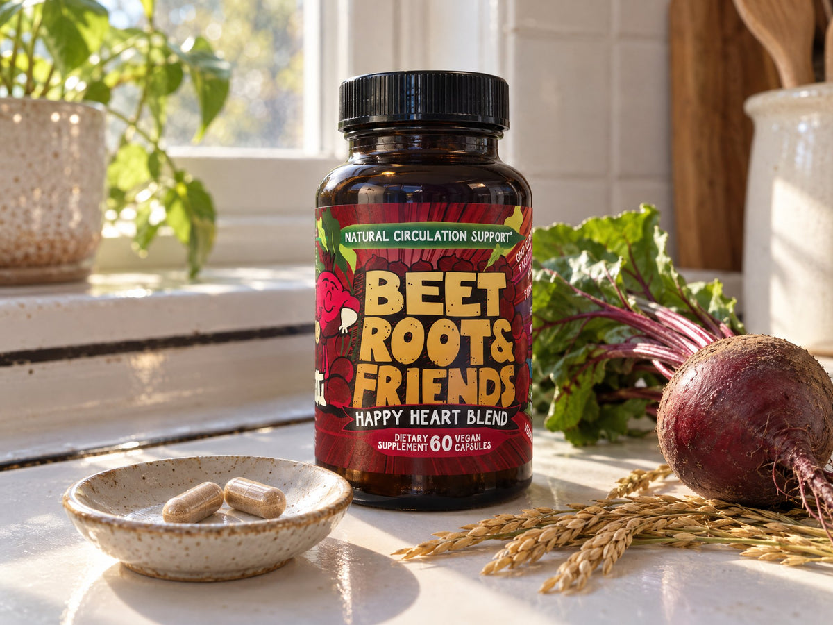 A bottle of Beet Root and Friends beside a small dish holding two capsules, rice stalks and a fresh beet