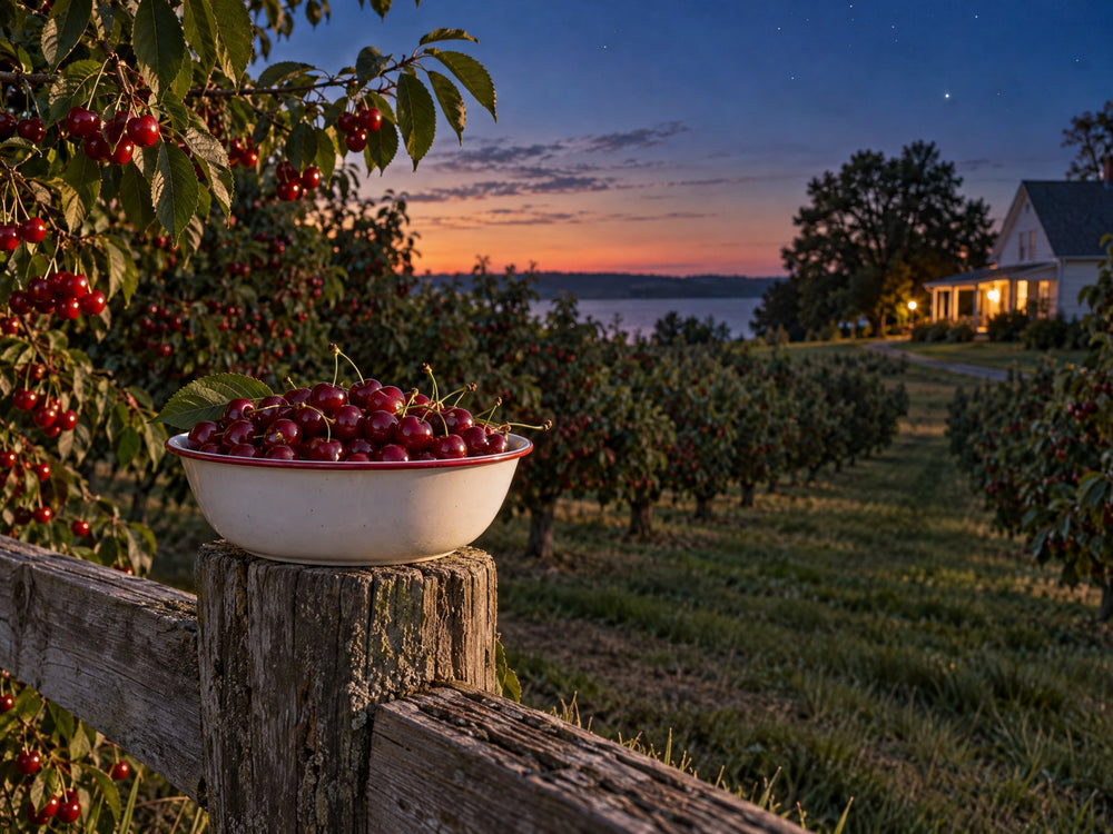 Tart cherry orchard at dusk with a bowl of cherries on a fence post