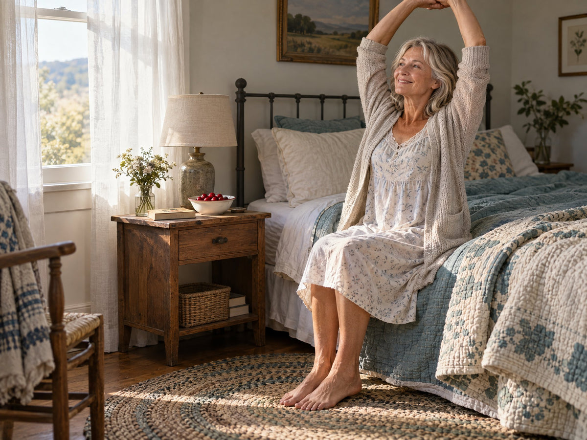 Woman stretching on the edge of her bed in morning sun