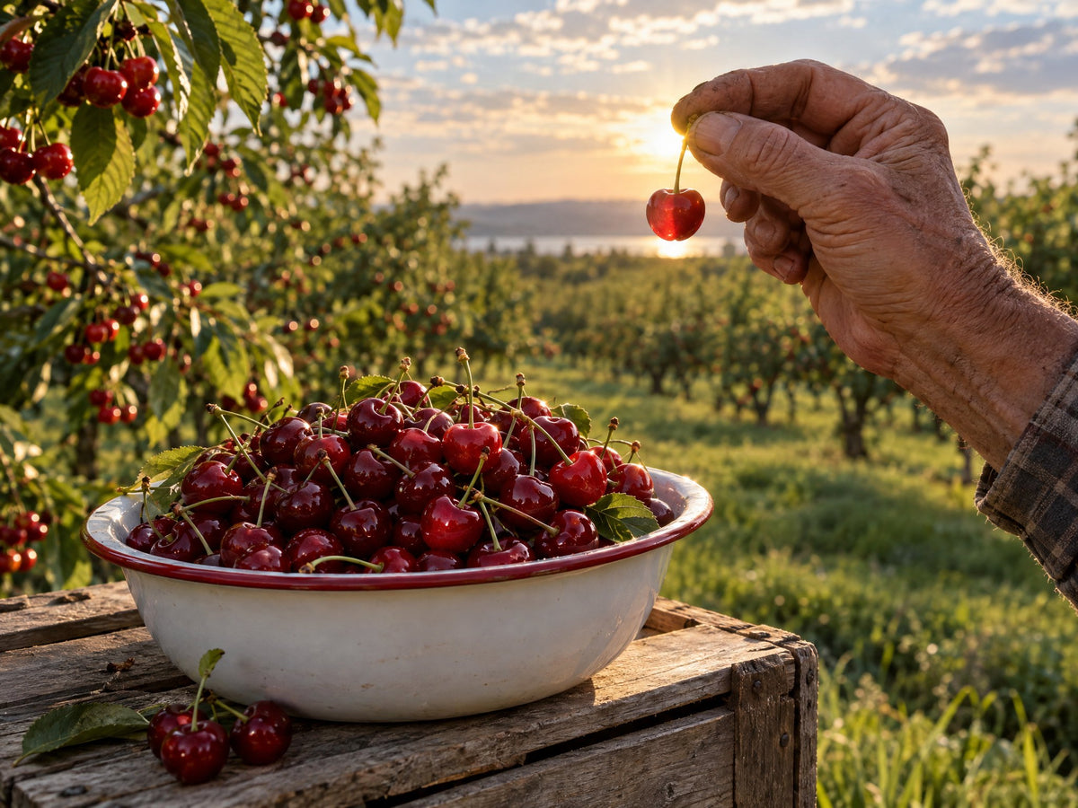 Montmorency tart cherry held up to the sun over a bowl of cherries in a Michigan orchard