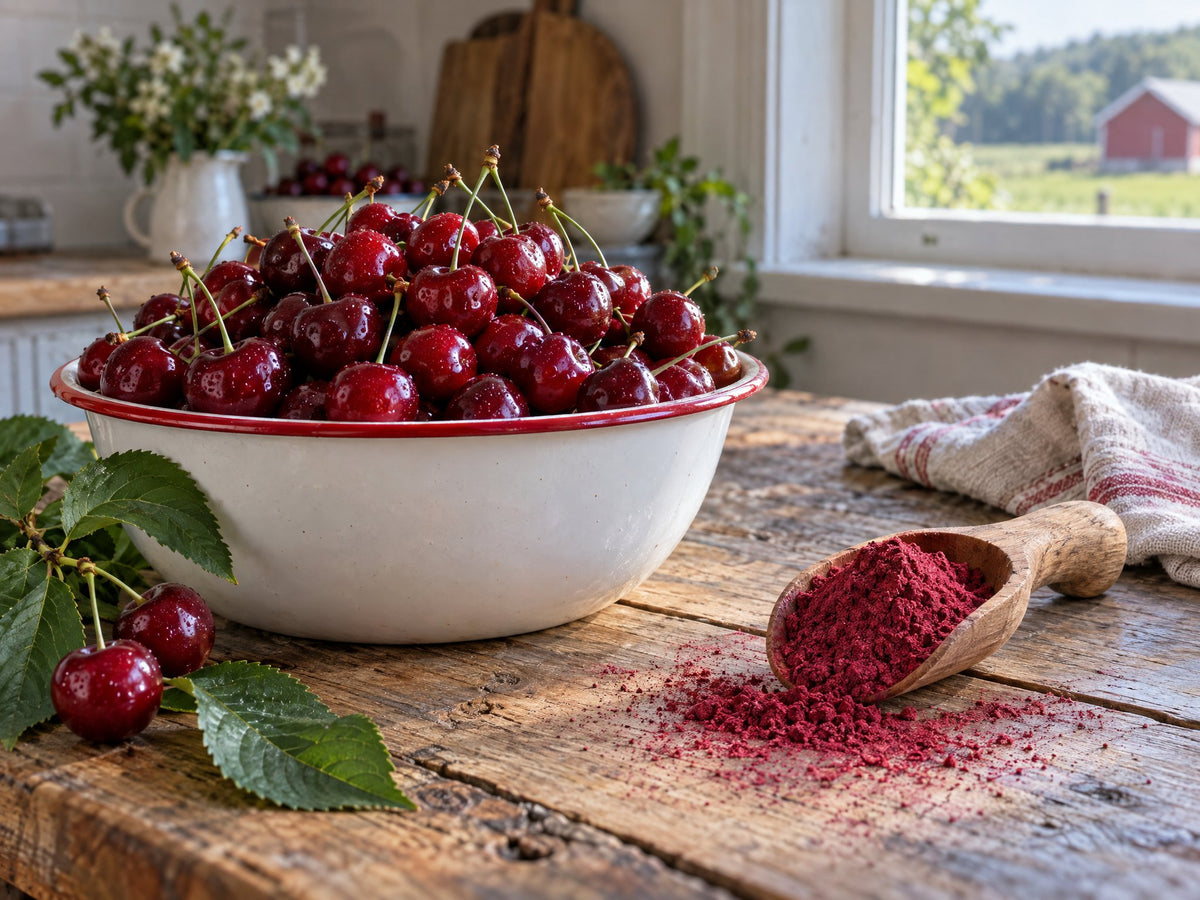 Bowl of fresh tart cherries beside a scoop of freeze-dried cherry powder