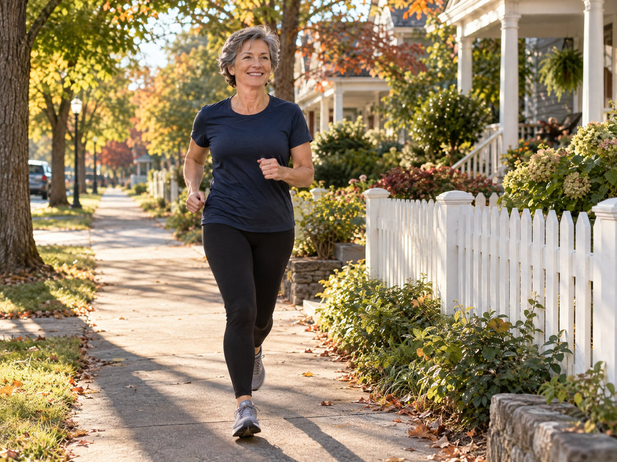 Woman jogging down a tree-lined small town street