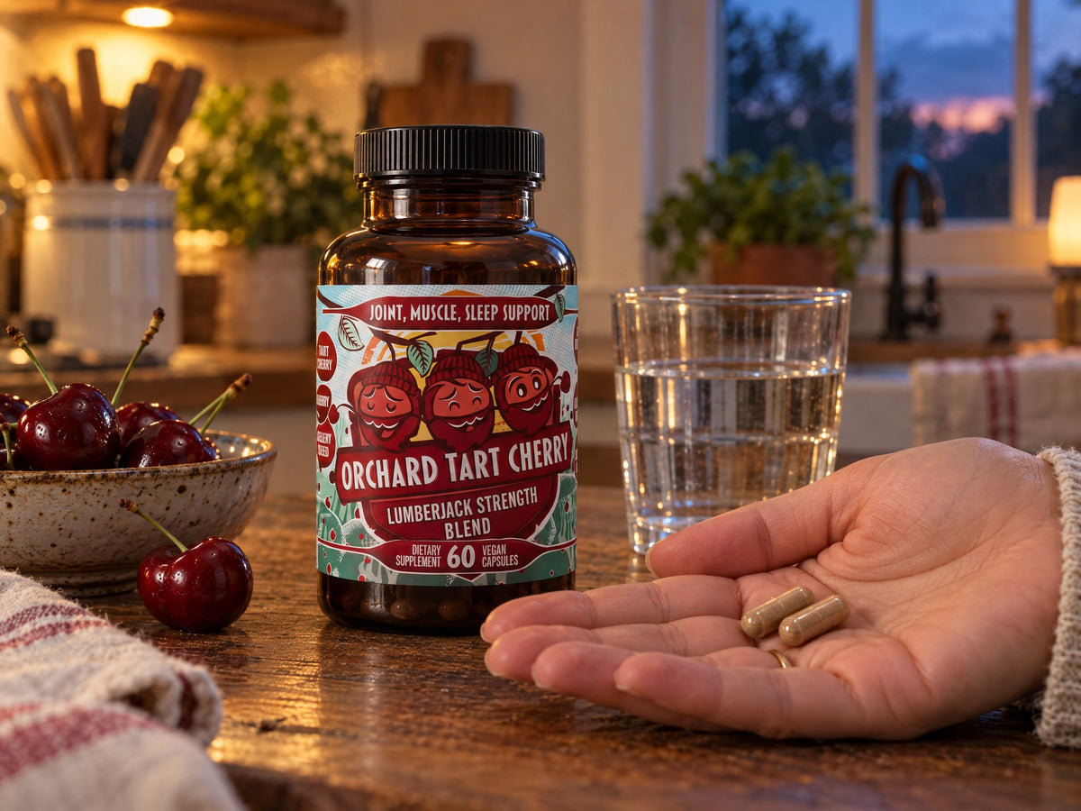 Two tart cherry capsules in a palm next to the bottle
