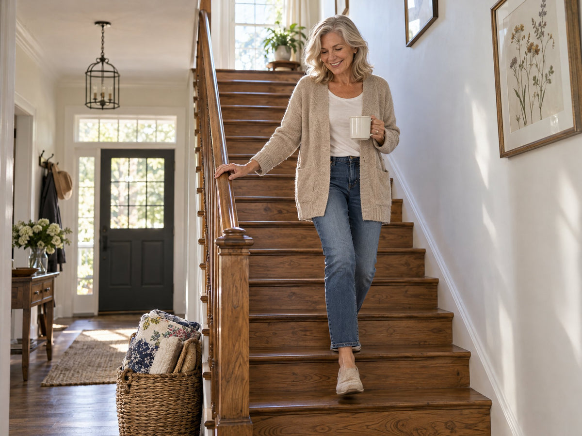 Woman walking easily down the stairs with her morning coffee