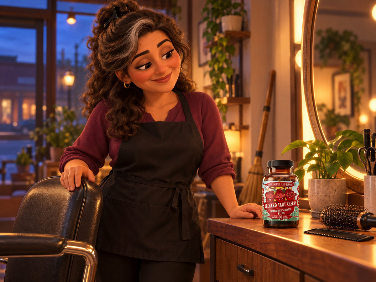 Nadia, a hairstylist, smiling at a bottle of Orchard Tart Cherry on her station at closing