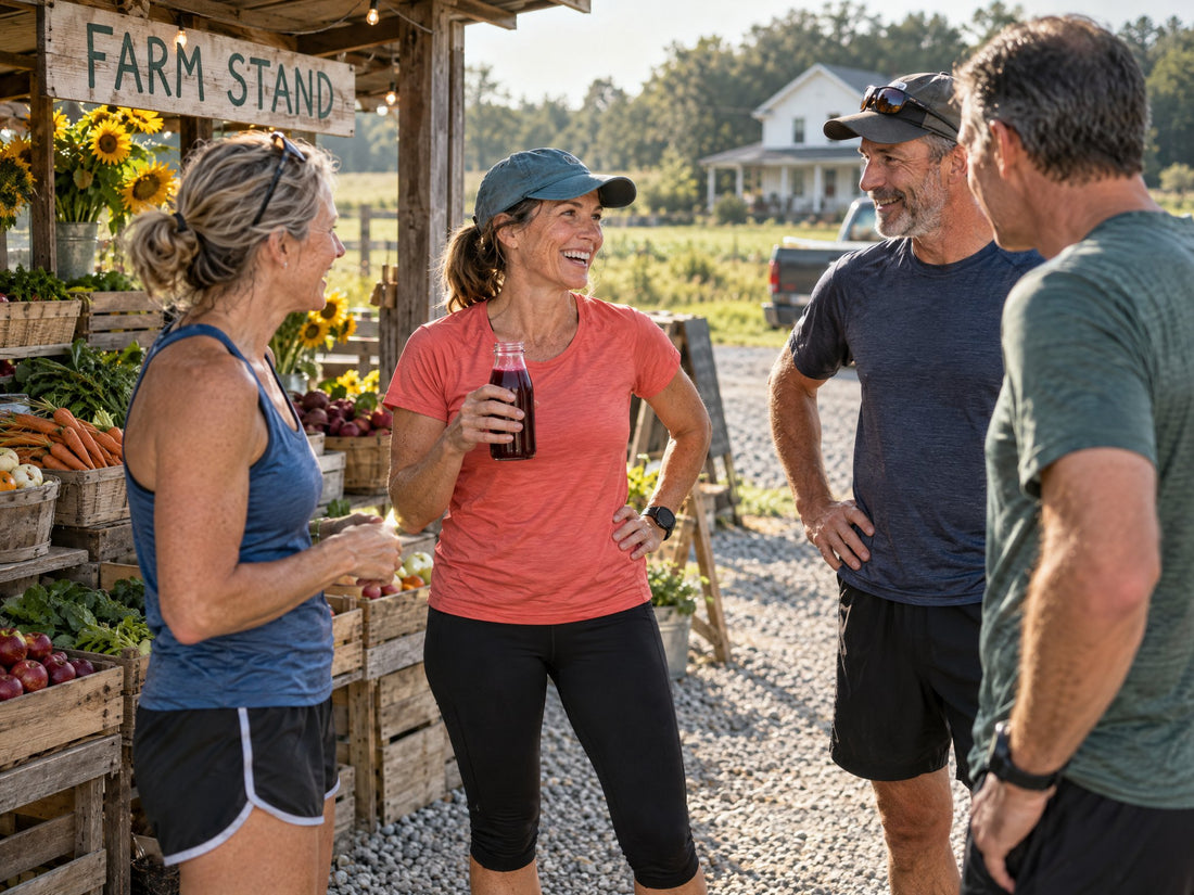Runners chatting at a roadside farm stand after a group run