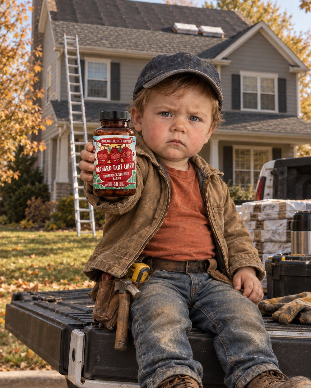 Toddler Dale sits on the pickup tailgate holding up a bottle of Orchard Tart Cherry