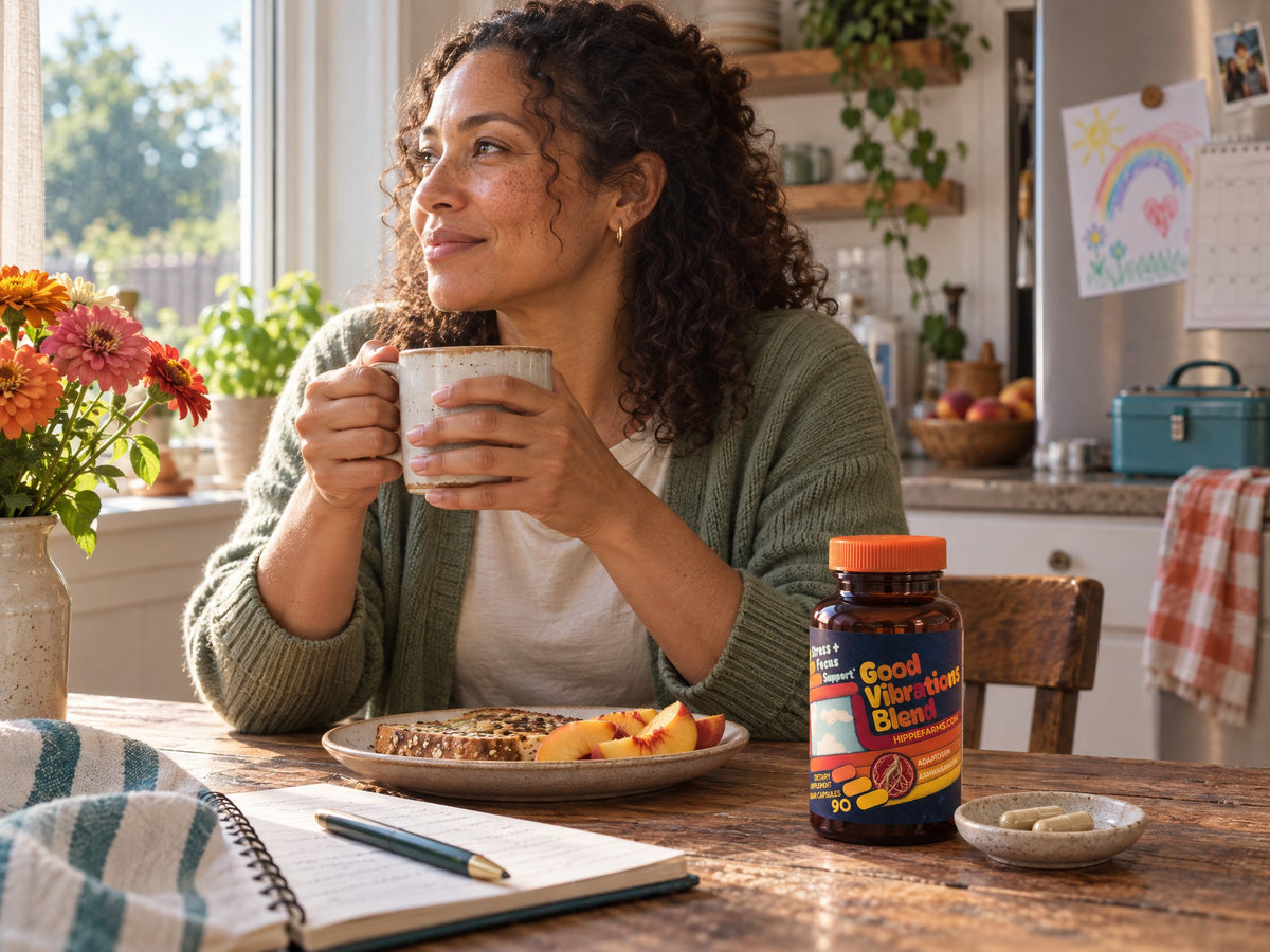Woman with a mug at a sunny kitchen table beside a bottle of Good Vibrations Blend