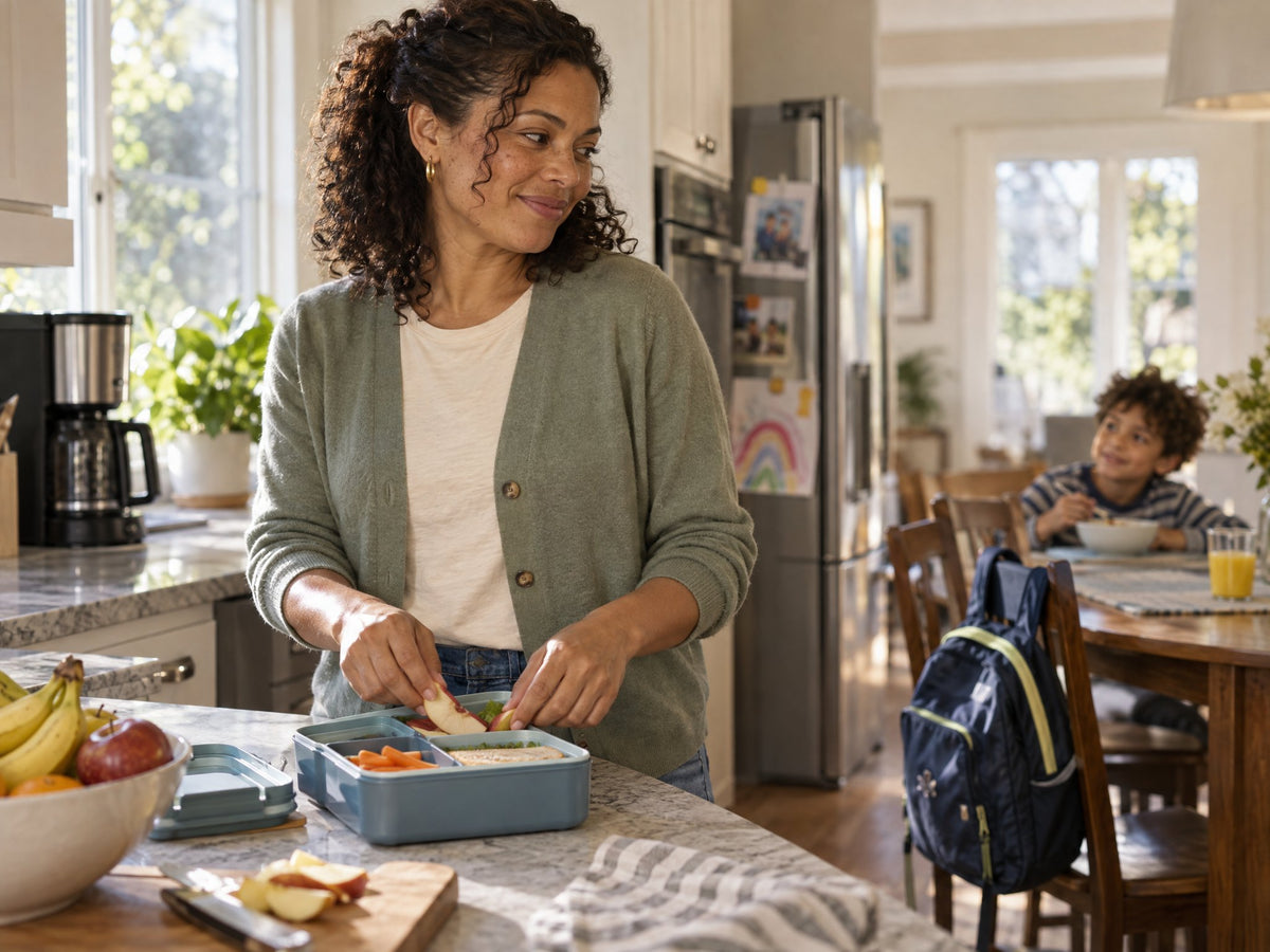Woman calmly packing a lunchbox while her son eats breakfast