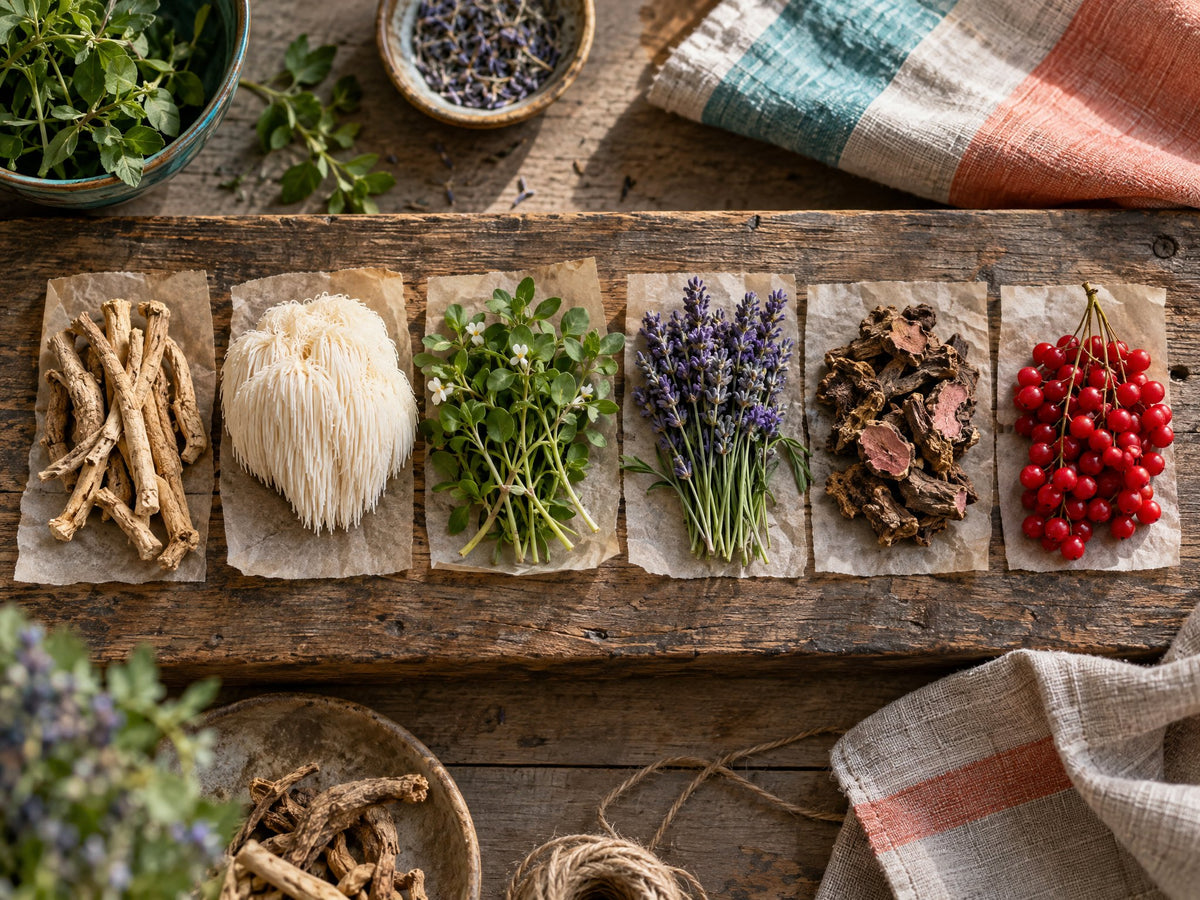 Six botanicals in a row: ashwagandha root, lions mane, bacopa, lavender, rhodiola and schisandra