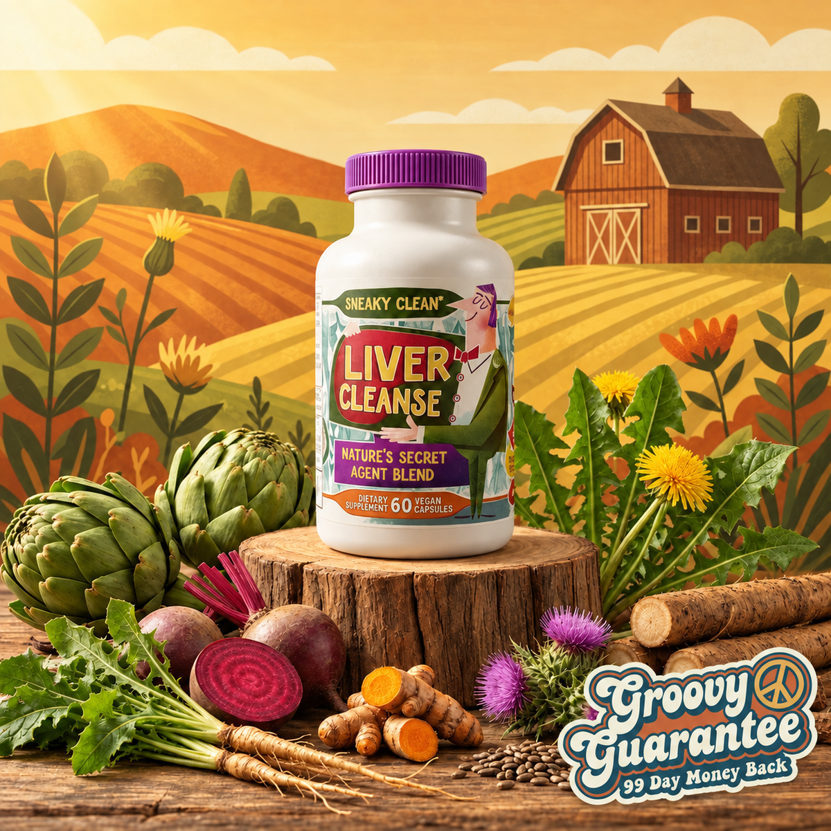 Liver Cleanse & Reset bottle with botanicals, an illustrated farm backdrop and the 99 Day Groovy Guarantee