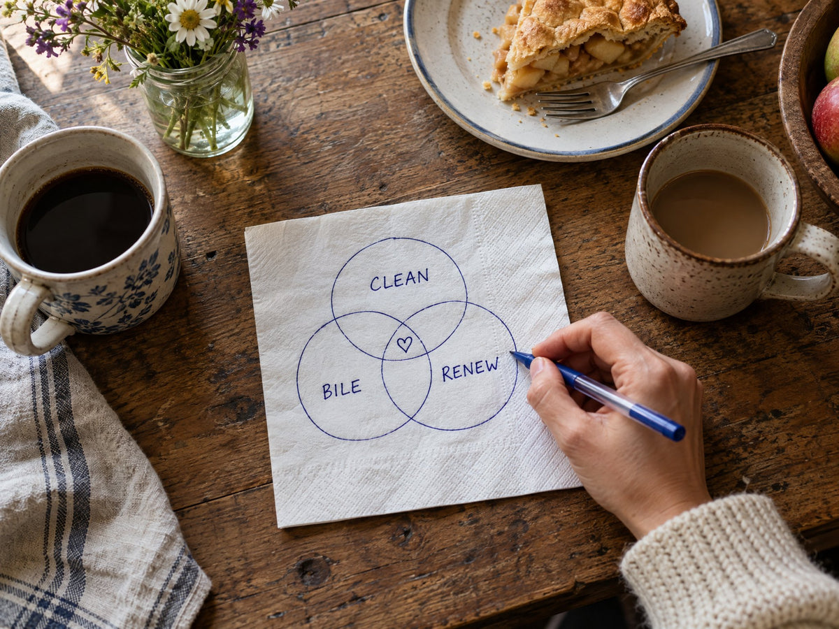 A hand drawing three overlapping circles labeled clean, bile and renew on a napkin at a kitchen table