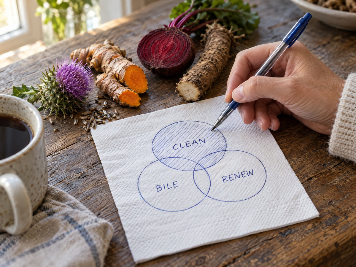 The clean circle shaded on the napkin beside milk thistle, turmeric, beet and burdock root