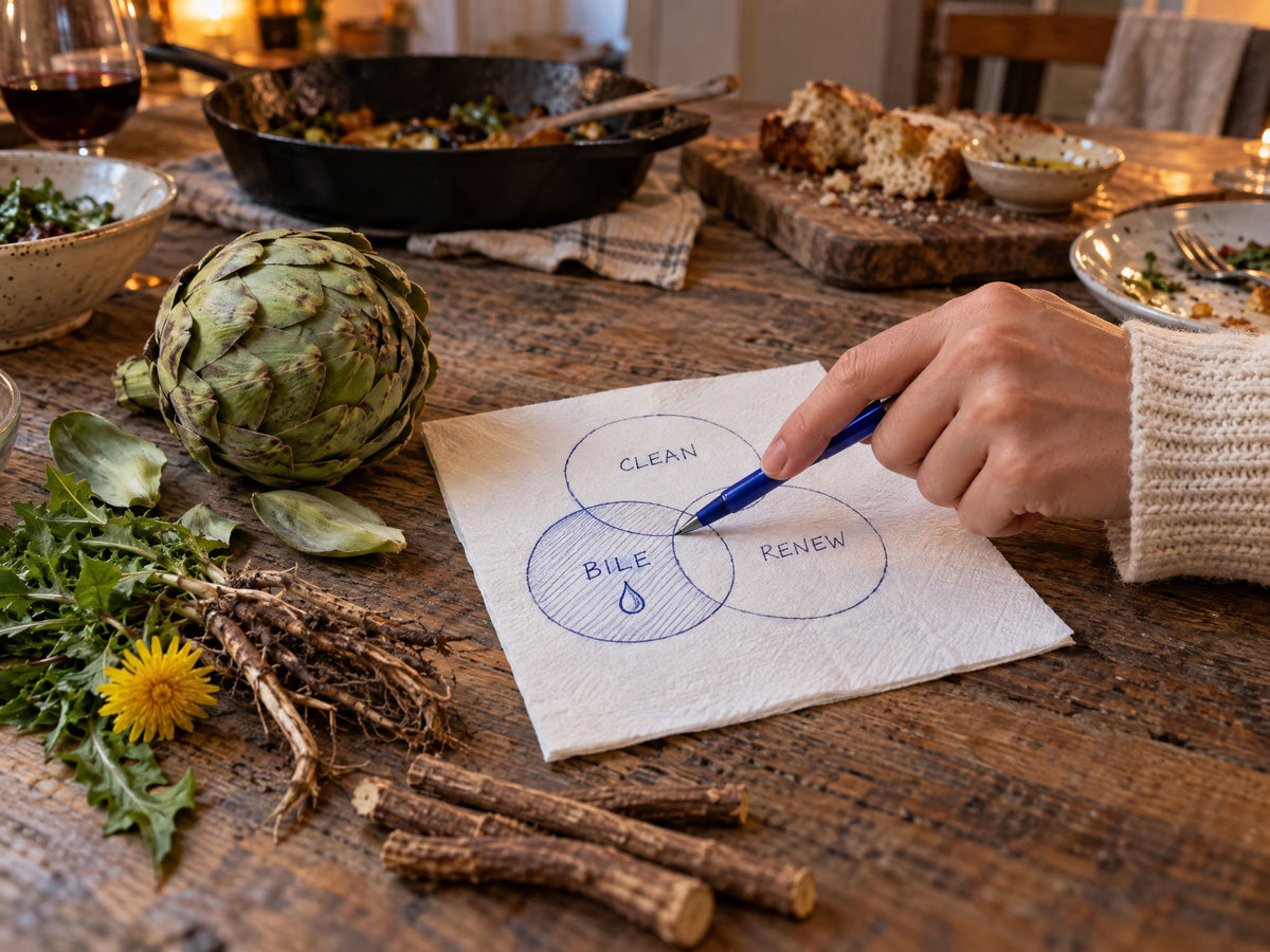 The bile circle shaded on the napkin beside artichoke, dandelion root and licorice root
