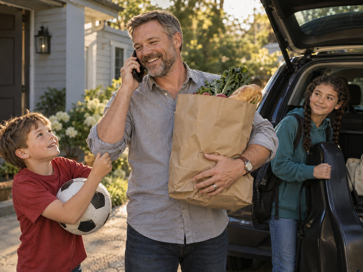 A dad on the phone with his mom carries groceries while his kids wait