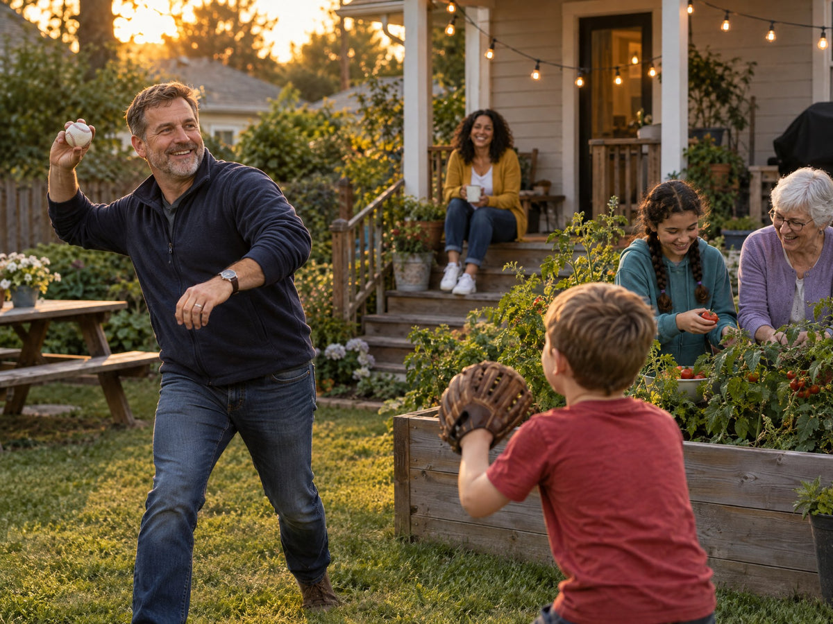A dad plays catch with his son while the family gardens at sunset