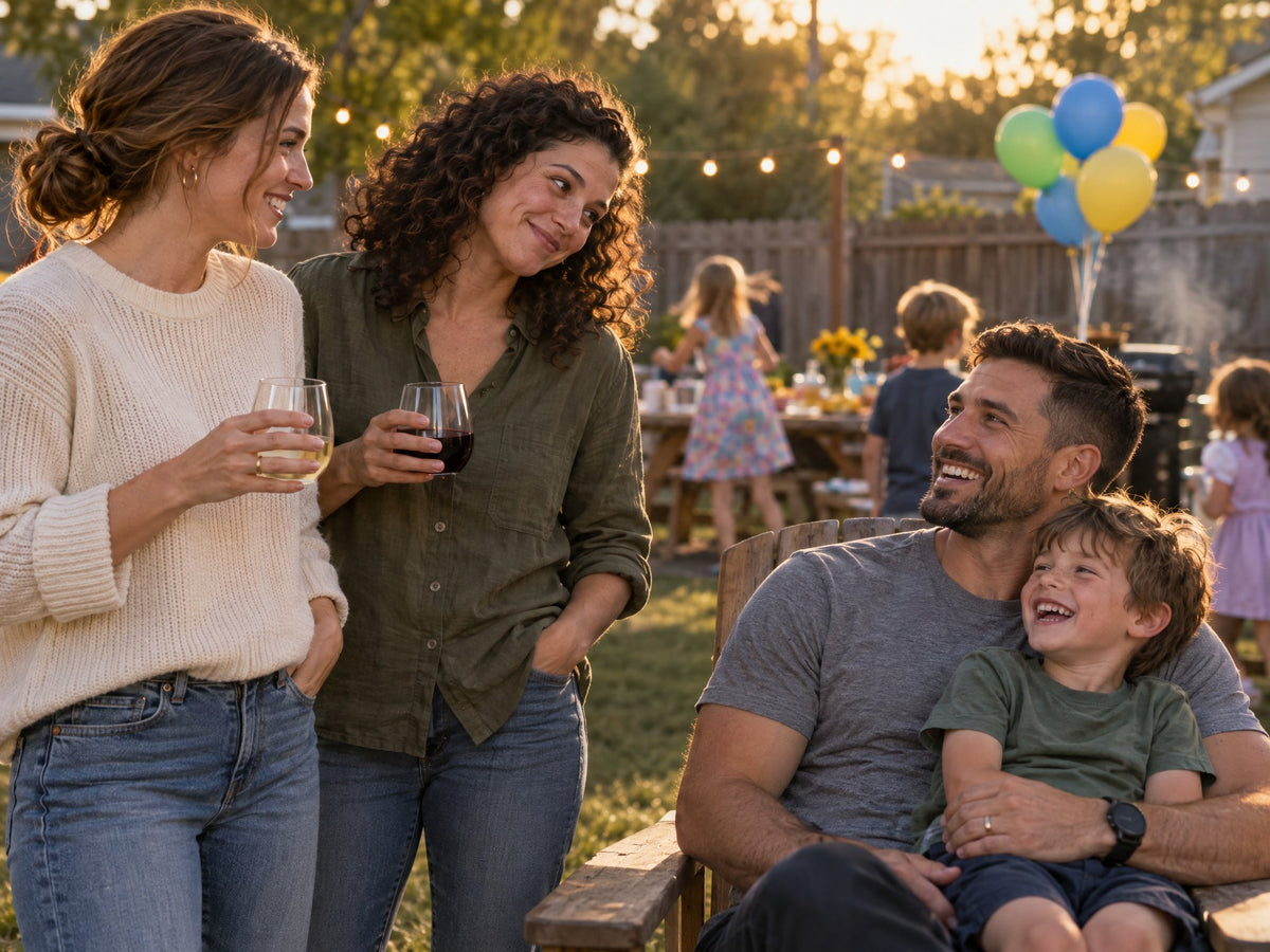 Two women at a backyard party watch dad relaxing in a chair with his son on his lap