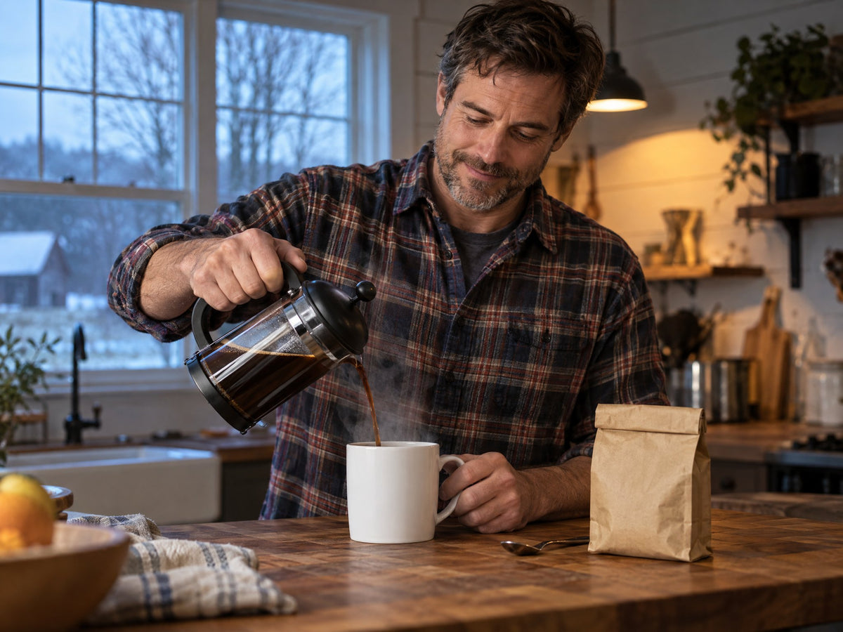 A man pours coffee from a French press into a white mug in an early morning kitchen