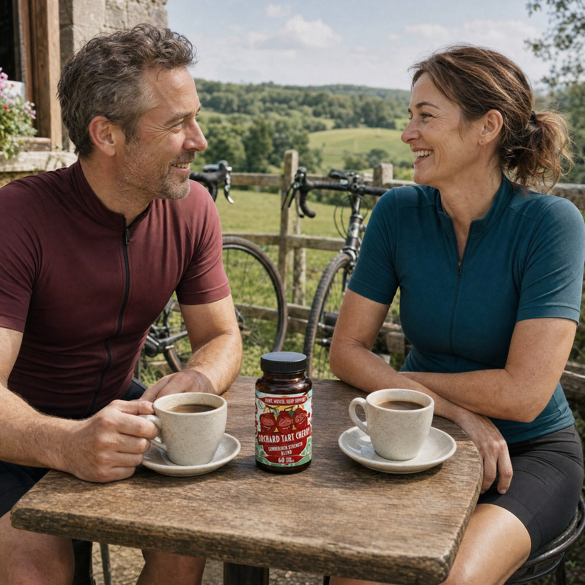 Two cyclists at a country cafe table with coffee and a bottle of Orchard Tart Cherry