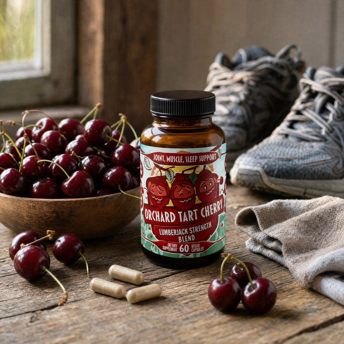 Orchard Tart Cherry bottle with a bowl of fresh cherries, capsules and running shoes on a farmhouse table