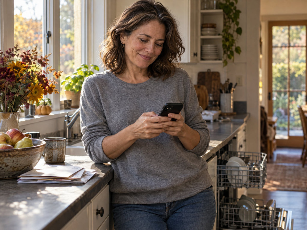 A woman leaning on her kitchen counter, texting a friend beside an open dishwasher
