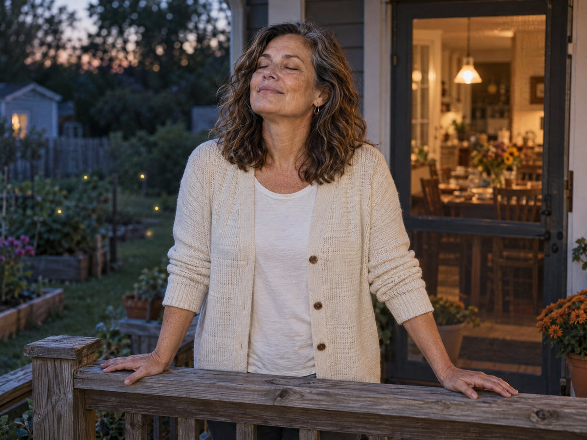 A woman on her back porch at dusk, hands on the rail, eyes closed, taking a slow breath
