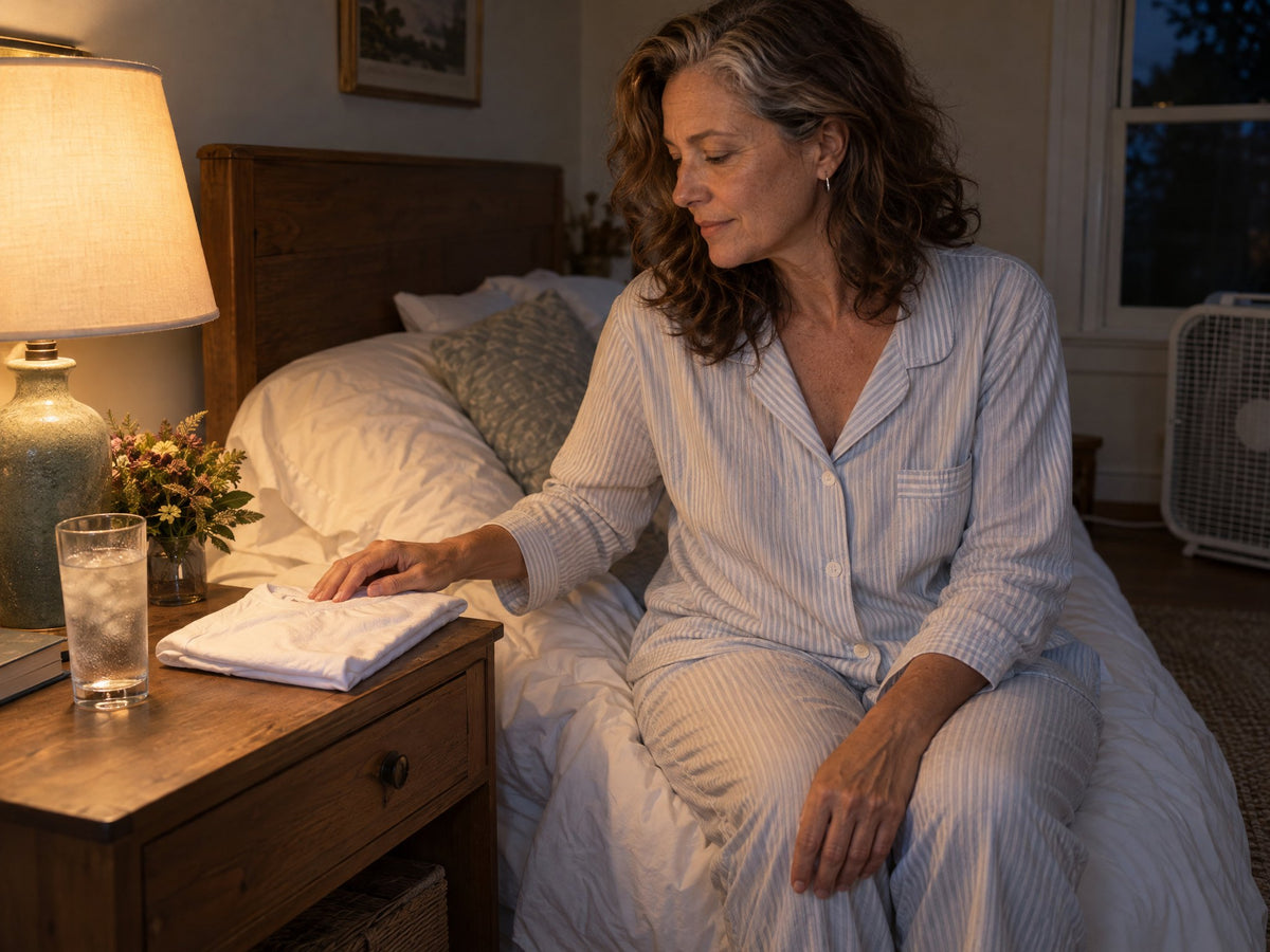 A nightstand set up before bed with ice water, a folded spare t-shirt and a fan aimed at the bed