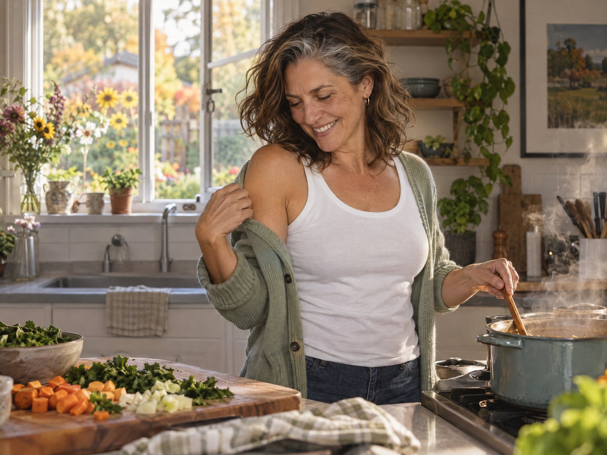 A woman cooking dinner slipping off her cardigan in one move, a white tank underneath