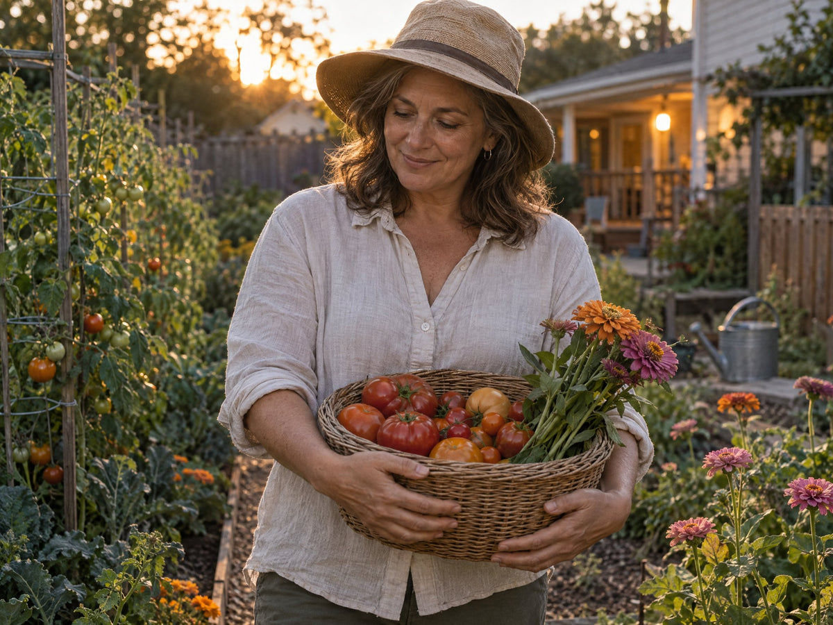 A woman in her garden at the cool end of the day holding a basket of tomatoes and zinnias