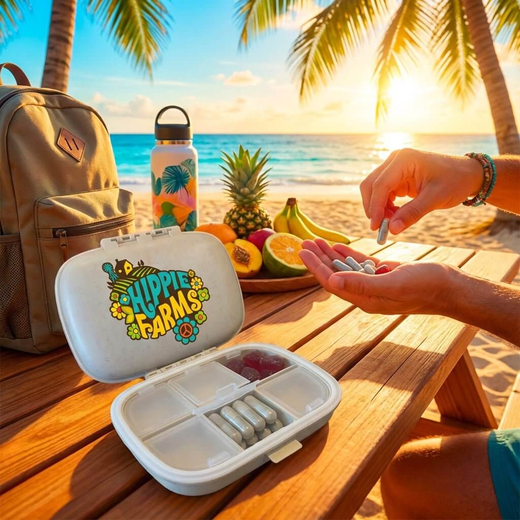 Total Body Wellness Bundle supplement travel kit with capsules at a sunny beach picnic, organic fruit and water bottle in background