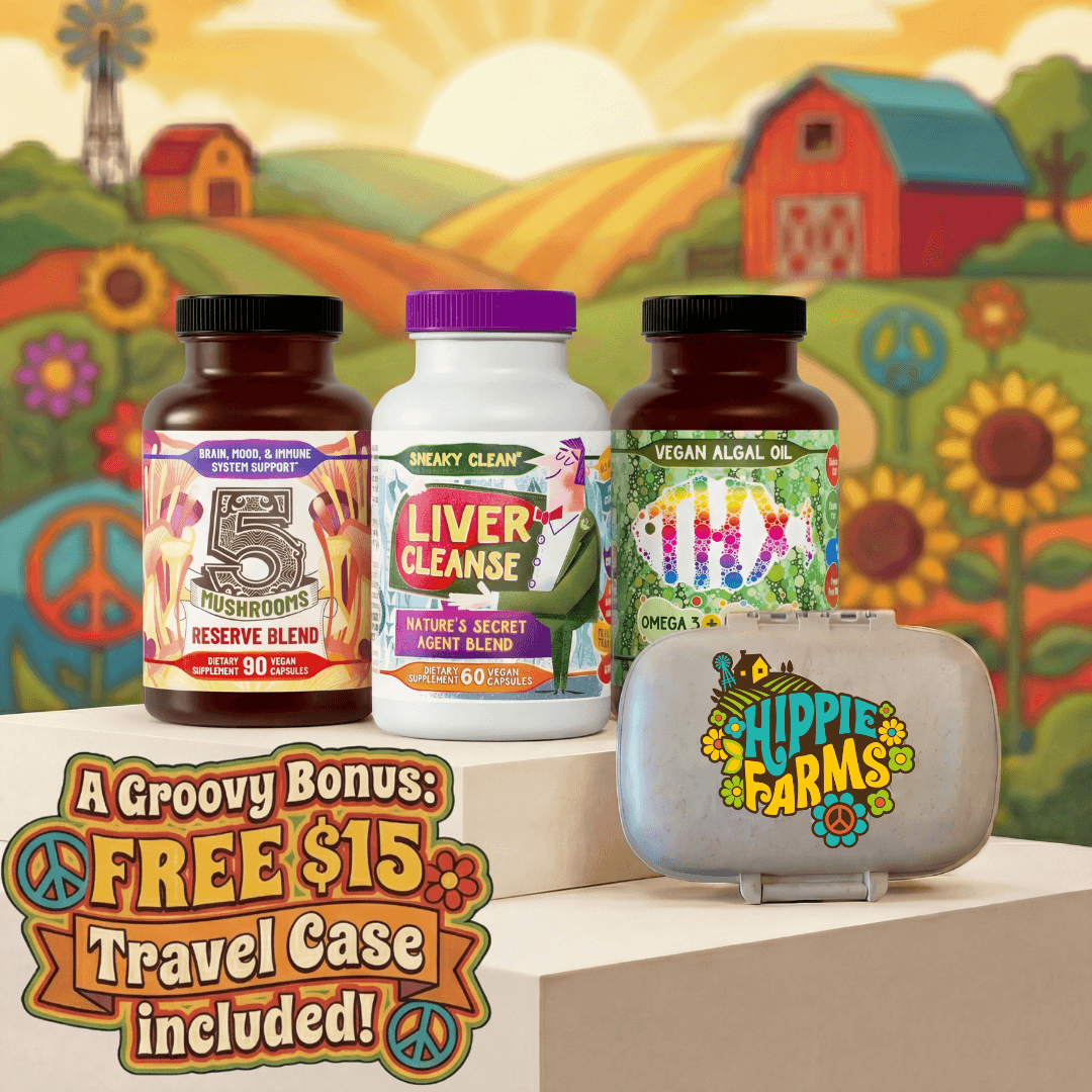 Total Brilliance, Beauty & Balance Stack trio of supplement bottles with Hippie Farms travel case and colorful farm background