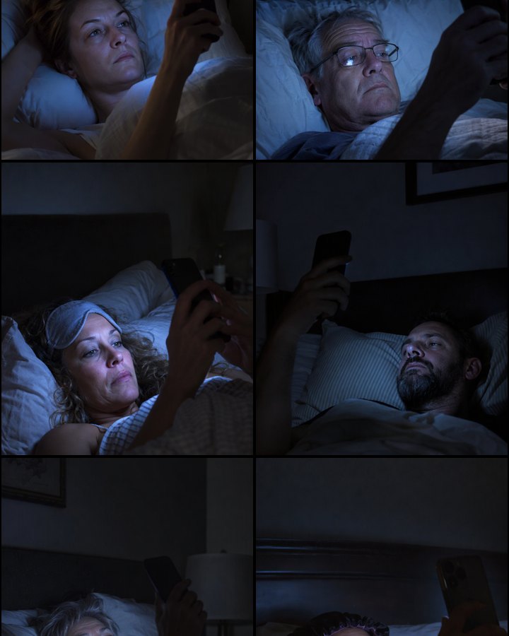 Six people lying awake in the dark, faces lit by their phones