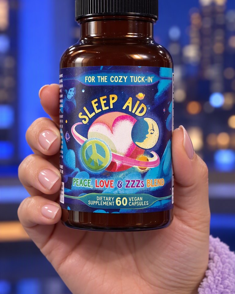 Hand holding a bottle of Peace Love and ZZZs