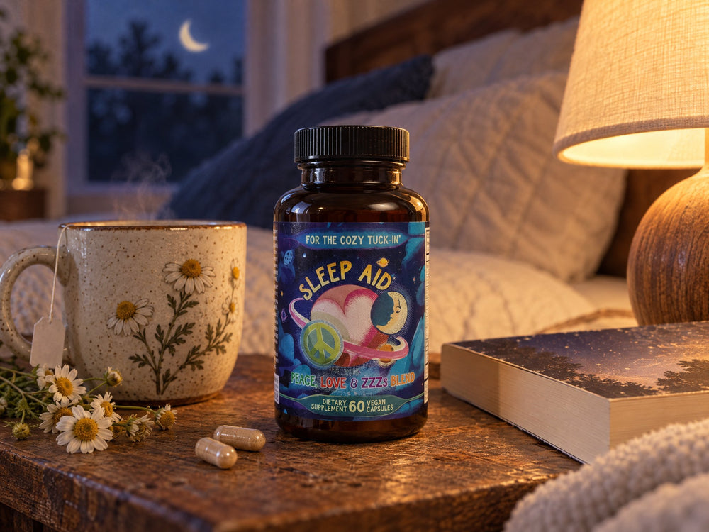 Peace Love and ZZZs bottle on a nightstand with tea and a book