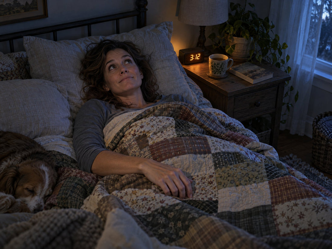 Woman lying awake in bed at 3:12 a.m. next to a sleeping dog