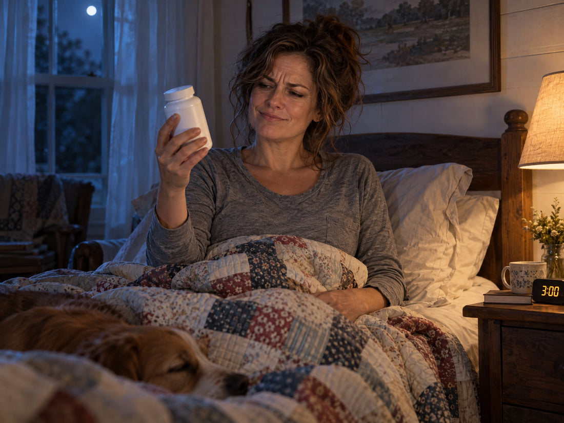 Woman awake at 3 a.m. eyeing a plain jar of gummies
