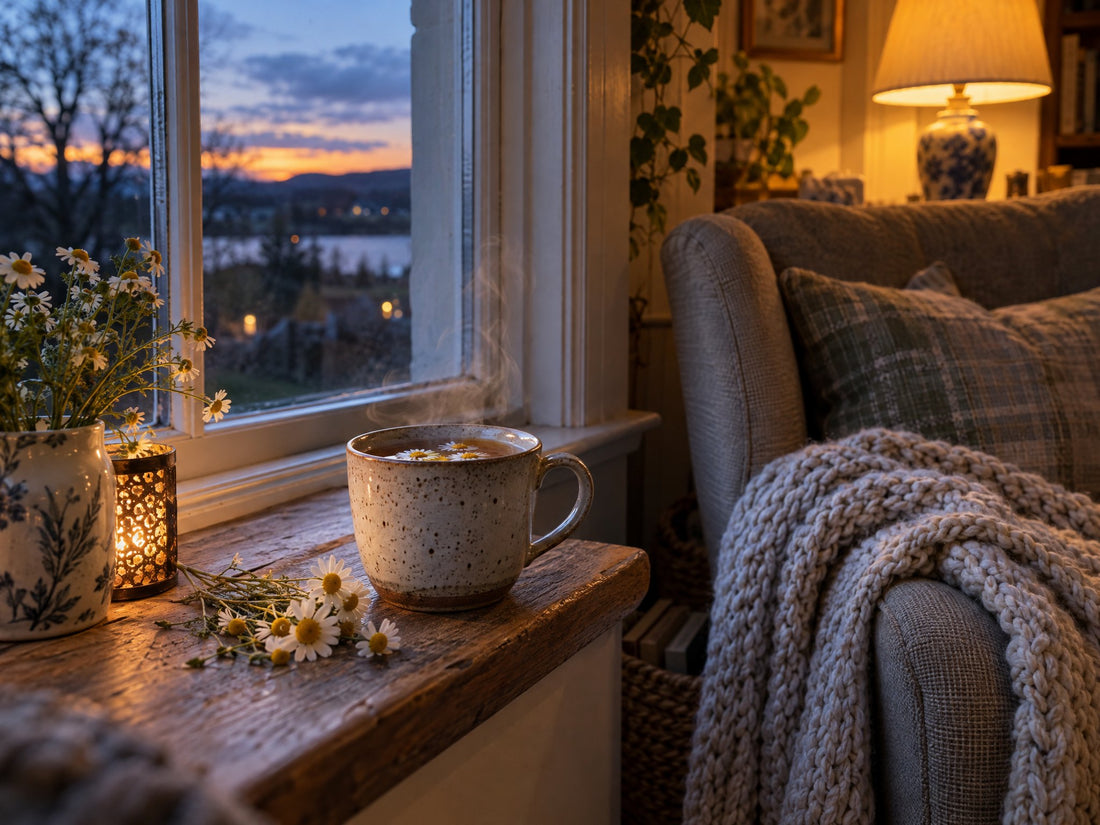 Mug of chamomile tea on a farmhouse windowsill at dusk