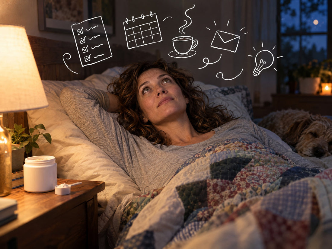 Woman relaxed in bed with doodles of to-dos floating above her head
