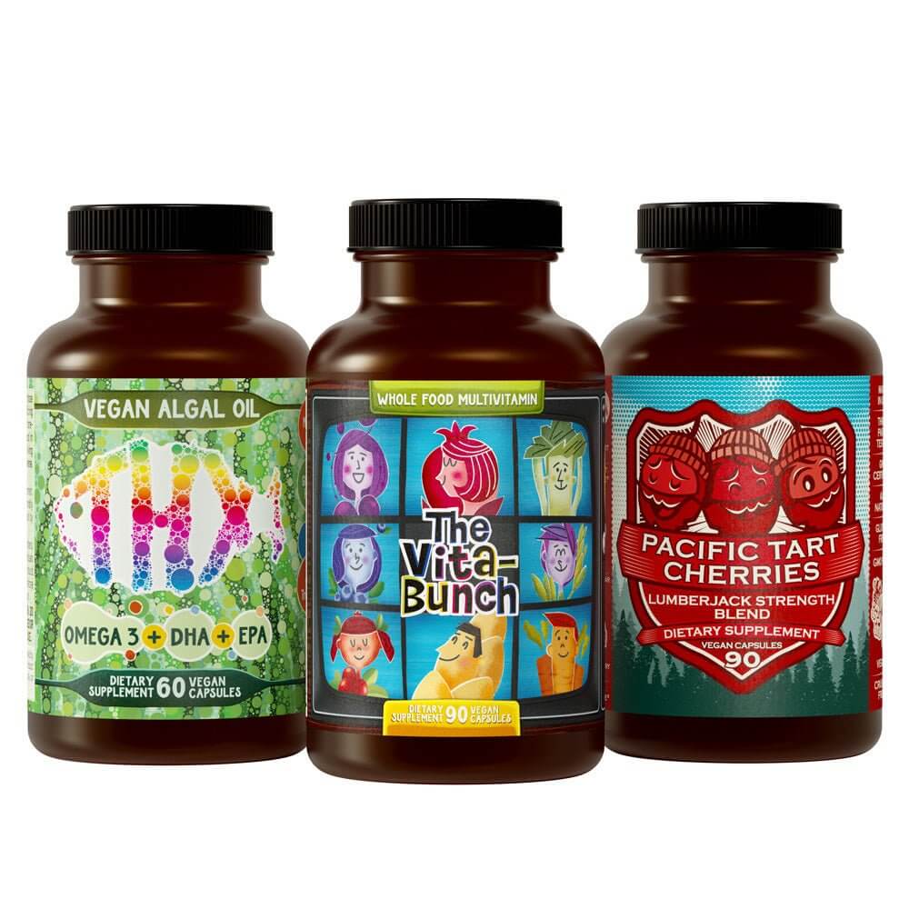 Total Mobility Stack Lumberjack Bundle trio of supplement bottles with Vegan Algal Oil, The Vita-Bunch multivitamin, and Pacific Tart Cherries