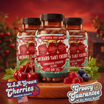 Three Orchard Tart Cherry capsule bottles with cherries, blueberries, and celery