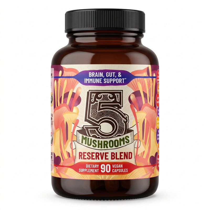 5 Mushrooms Reserve Blend bottle, 90 vegan capsules, lion's mane and reishi mushroom supplement with five organic mushroom extracts
