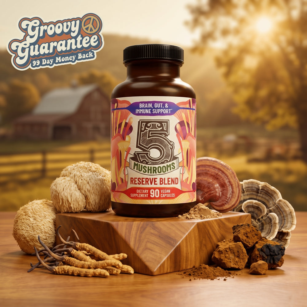 5 Mushrooms Reserve Blend bottle on a wooden block with lion's mane, reishi, turkey tail, cordyceps and chaga on a farm at golden hour, lion's mane and reishi mushroom supplement