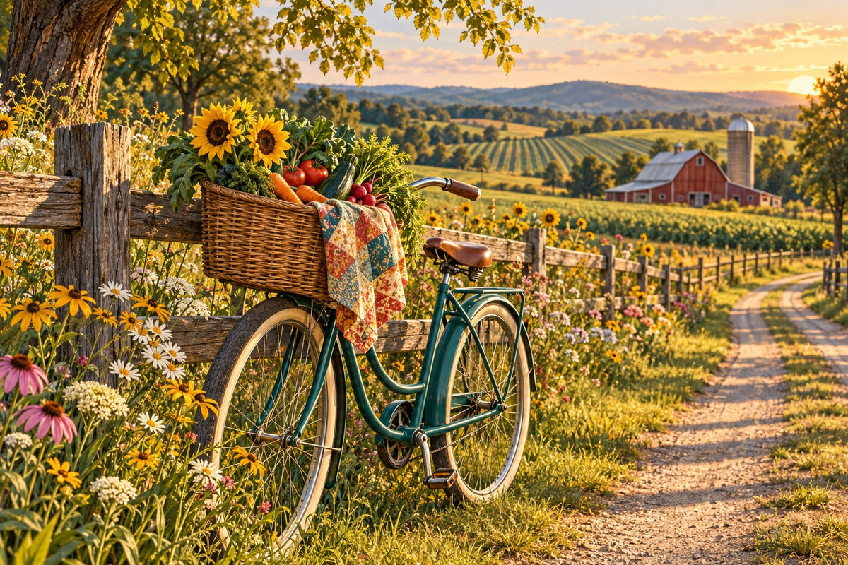 Vintage bicycle with a harvest basket on a golden farm lane