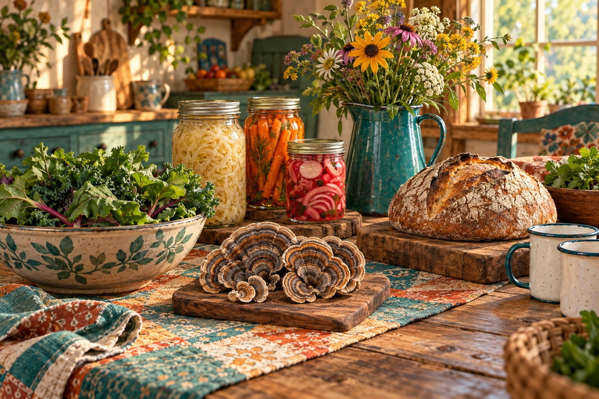 Farmhouse kitchen table with fermented vegetables, sourdough and turkey tail mushrooms