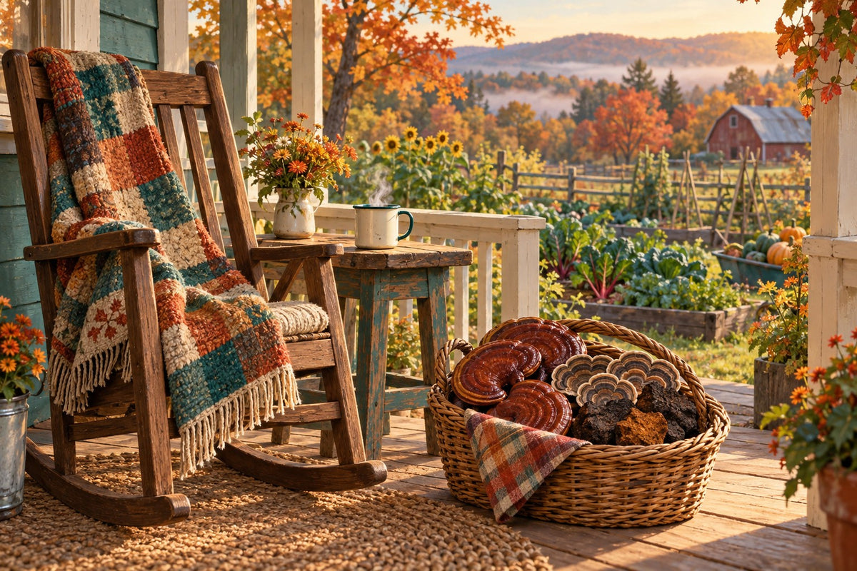 Farm porch rocking chair with a basket of reishi, turkey tail and chaga