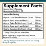 5 Mushrooms Reserve Blend: 5 Mushrooms Reserve Blend Supplement Facts, five organic extracts totaling 2,100 mg per three-capsule serving.